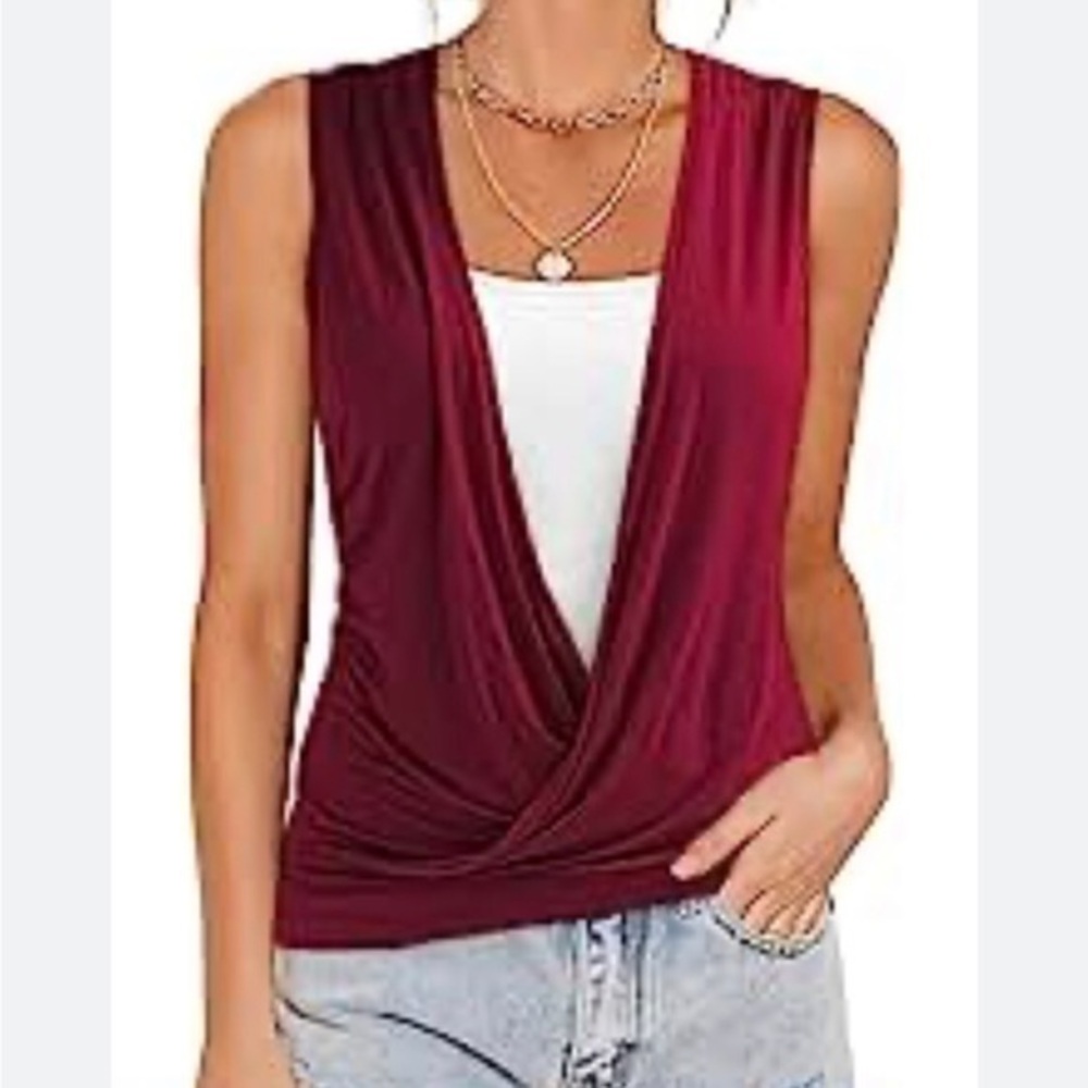 Premise Red Wine sleeveless deep plunge blouse tunic top size small